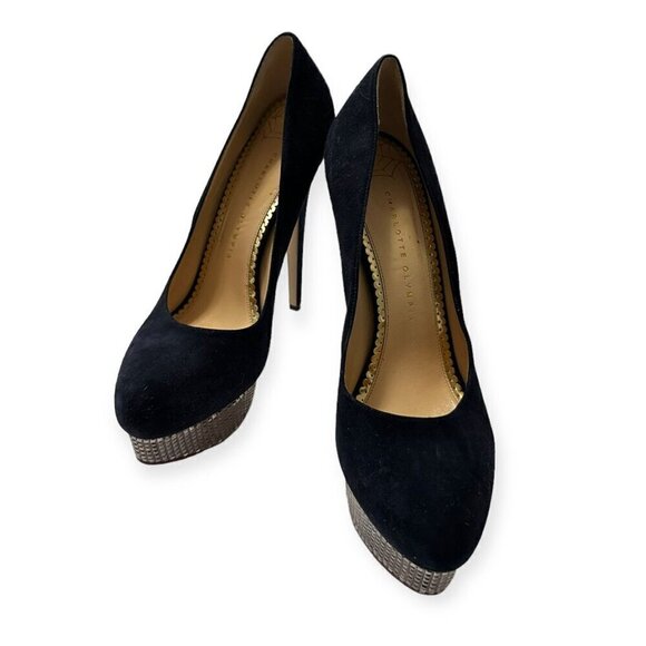 Charlotte Olympia Dolly Platform Pumps with Metal Platform, 41 EU, Navy Suede - Picture 7 of 16